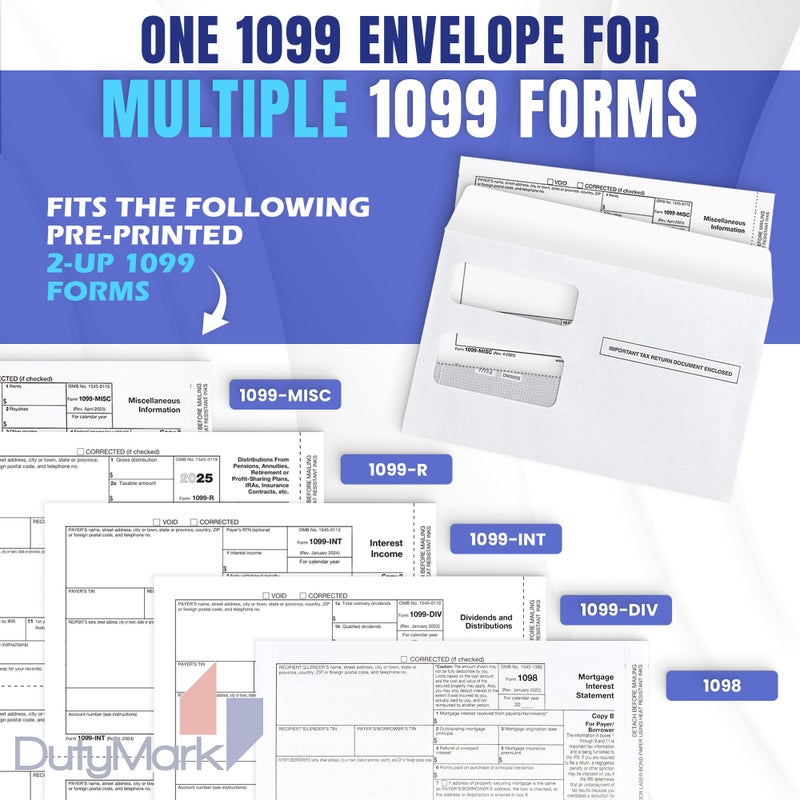 Dutymark 100 Tax 1099 Envelopes Self-Seal For 1099 MISC, 1099-R & DIV - INT, 1095, 1098, Double-Window Security tinded, For Quickbooks or Tax Software - 5 5/8 Inch x 9 Inch, 100 Envelopes - Image 3